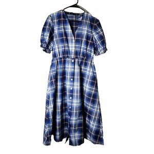 Zara Button Down Shirt Dress Size Medium Tartan Blue Plaid Taffeta Pocketed